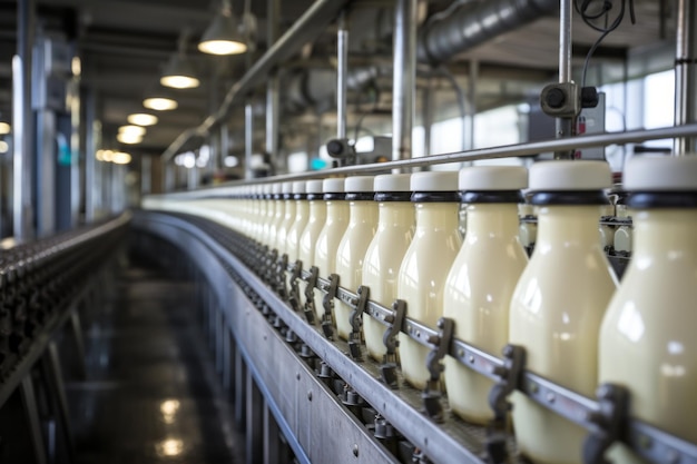 Foto máquinas modernas enchem eficientemente leite e iogurte em garrafas de plástico em uma fábrica de laticínios