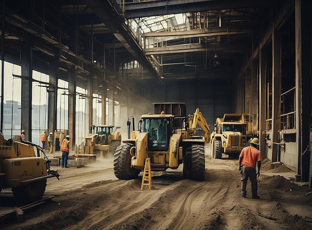 Máquinas pesadas y trabajadores de la construcción que trabajan en un edificio