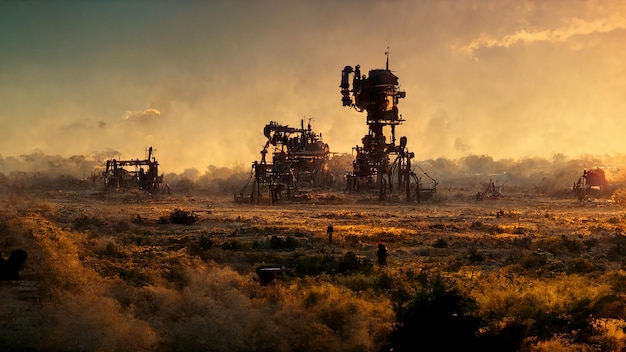 Máquinas steampunk abandonadas na ilustração de arte de pintura cg de paisagem do oeste selvagem