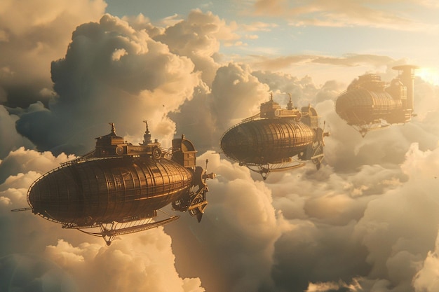 Máquinas voladoras inspiradas en el steampunk en un cielo nublado