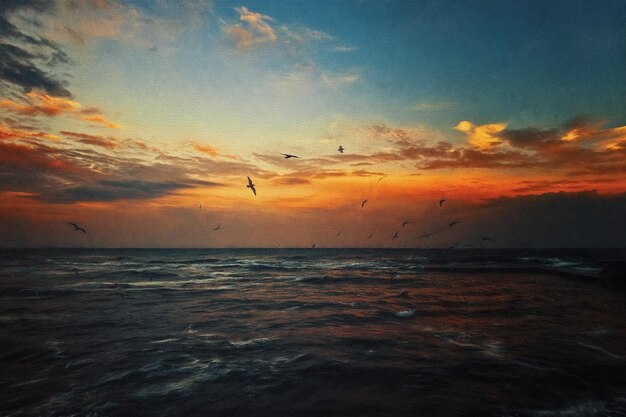 El mar al atardecer gaviotas y nubes coloridas Ilustración