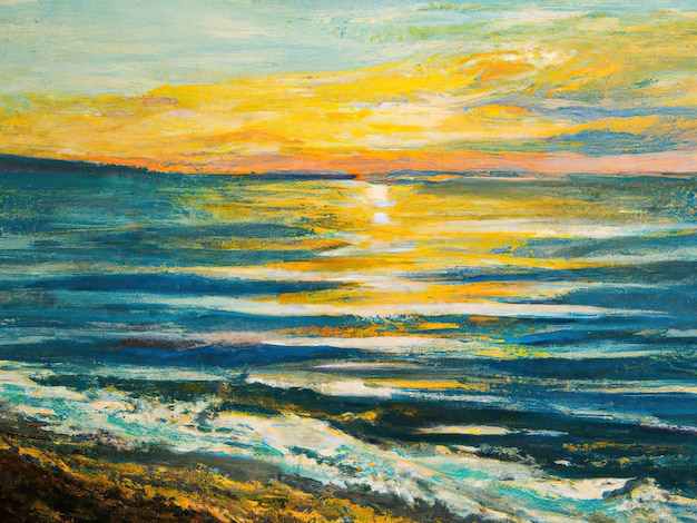 Mar al atardecer pintado con pinturas al óleo.