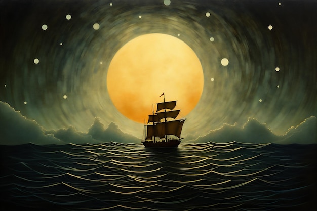 Mar alto com ondas gigantes dramáticas em lua cheia estilo de arte de Andy Kehoe um enorme navio de vela pirata