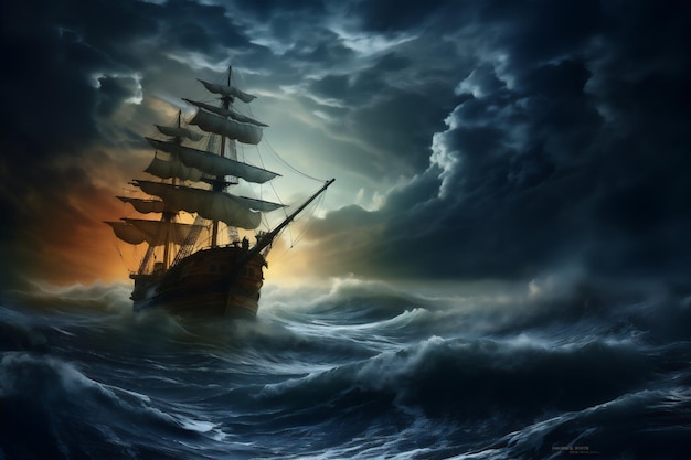 mar alto con olas gigantes dramáticas en luna llena un enorme barco de vela pirata navegó por encima de él