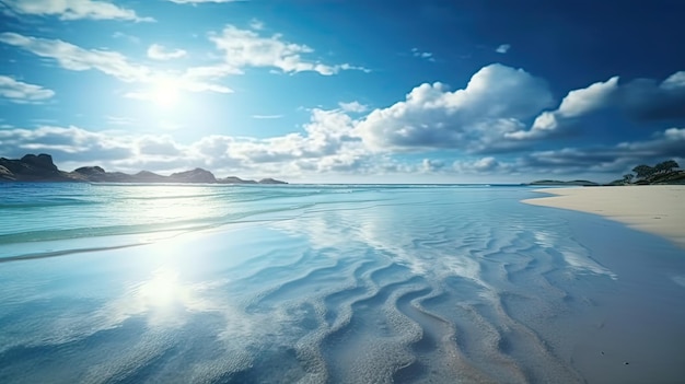 Mar azul calmo contra um céu azul com nuvens cirrus brancas e uma praia de areia vazia Ilustração realista colorida Arte generativa de IA