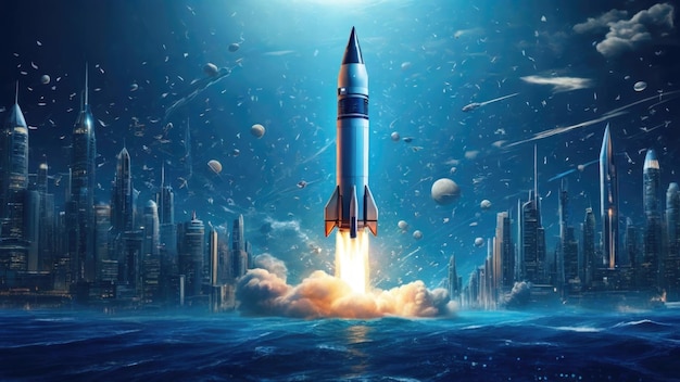 Un mar de azul en un fondo de alta tecnología con un cohete que representa el rápido crecimiento y avance