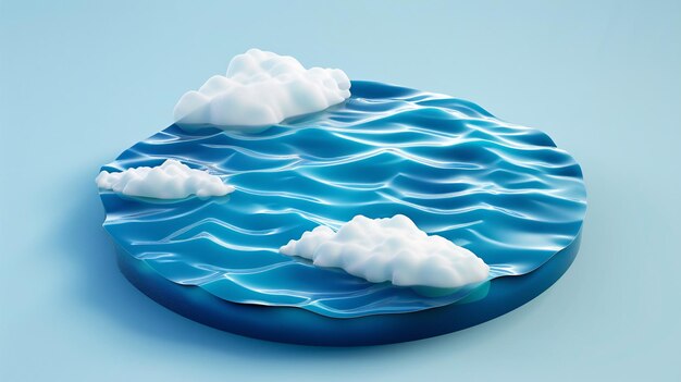 Foto mar azul isométrico tridimensional com ondas de surf de fundo vista profunda do oceano com vista de superfície e subaquática ilustração de mar redondo isométrica isolada com ondas e nuvens