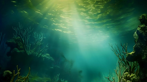 Un mar azul con una luz brillando a través de él.