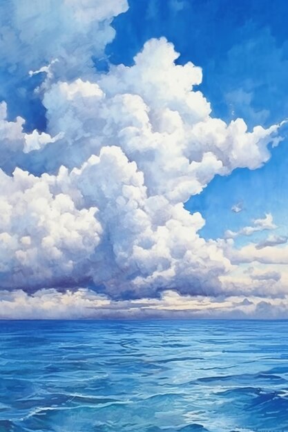 Foto mar azul luz céu azul e nuvens brancas aquarela pintura ai generativa