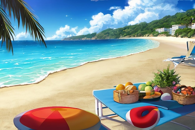 Mar azul praia amarela paisagem natural fundo prato de frutas decoração ilustração papel de parede