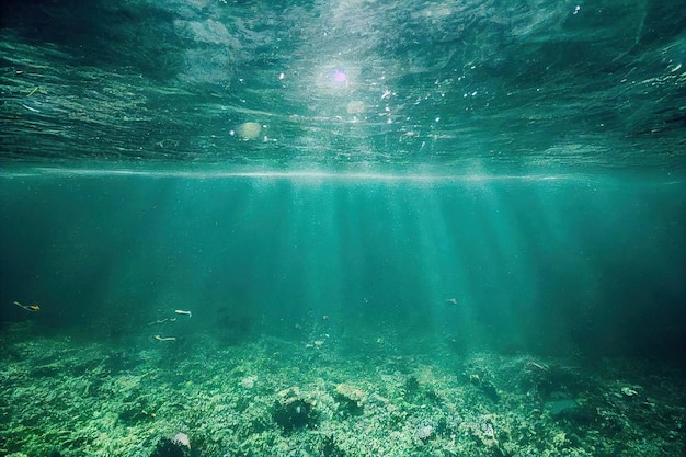 Foto mar azul profundo con rayos de sol a través del paisaje marino de la columna de agua