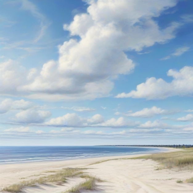 Mar Báltico azul calmo contra um céu azul com nuvens cirrus brancas e uma praia de areia vazia