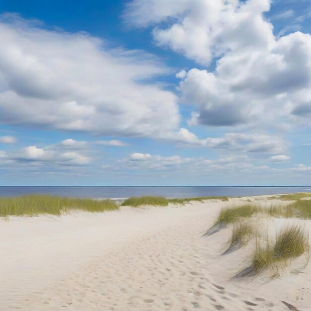 Mar Báltico azul calmo contra um céu azul com nuvens cirrus brancas e uma praia de areia vazia