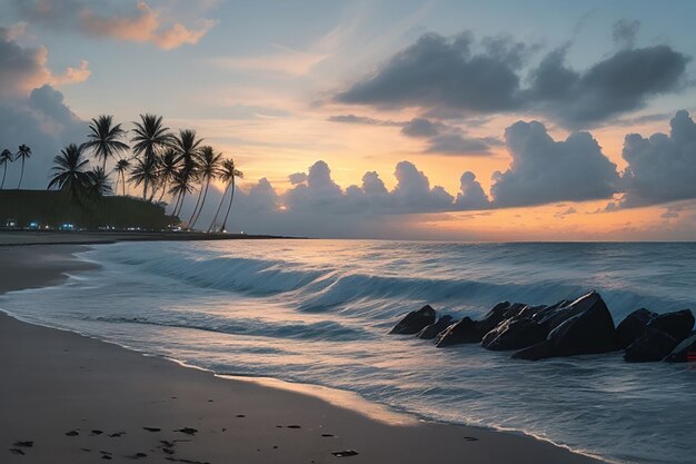 Mar brilhante com nuvens brilhantes brilhando em uma praia de areia preta com palmeiras