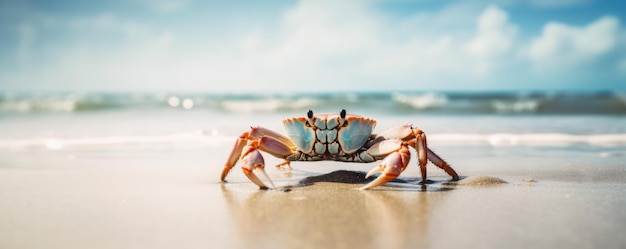 Mar de caranguejo marinho no mar tropical e fundo de céu azul de praia arenosa IA generativa