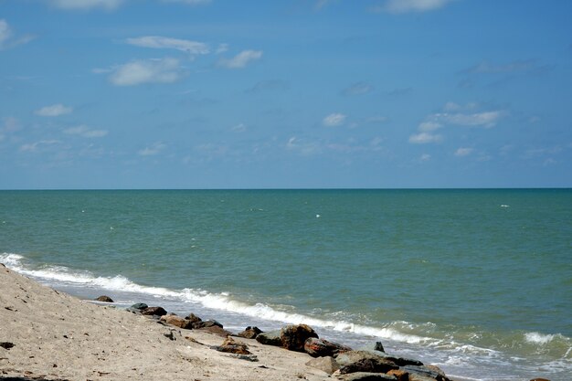 Mar e céu azul com nuvens, rochas e ondas na praia