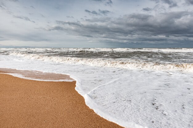 Mar espumoso tempestuoso, ondas grandes