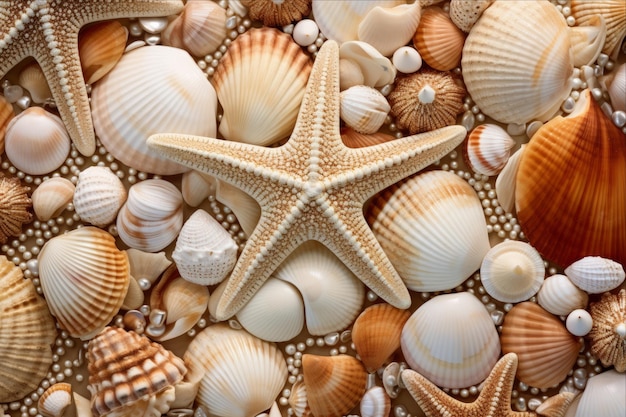 Foto bajo el mar un fascinante primer plano de conchas marinas perlas y estrellas de mar