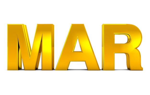 Mar Gold 3D Text März Monat Abkürzung isoliert auf weißem Hintergrund 3D rendern.