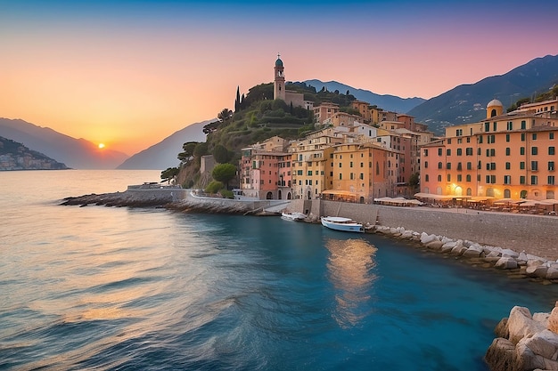 Foto mar mediterráneo al amanecer pequeña ciudad antigua y yate europa italia camogli