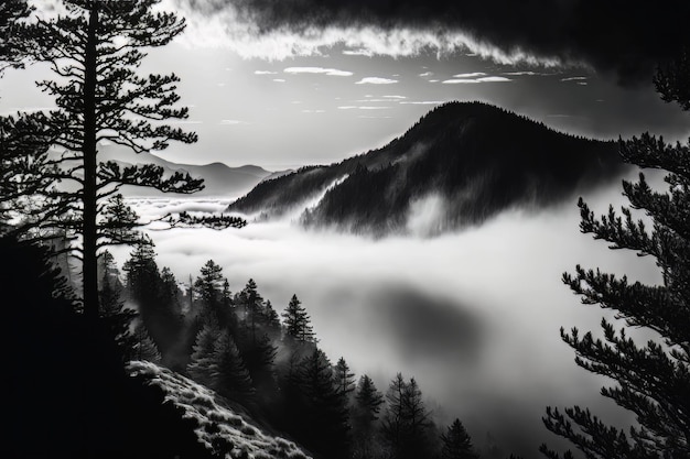 Mar de nubes sobre el bosque Tonos blanco y negro Ilustración AI Generativo