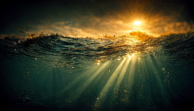 Bajo el mar océano con luz solar bajo el agua