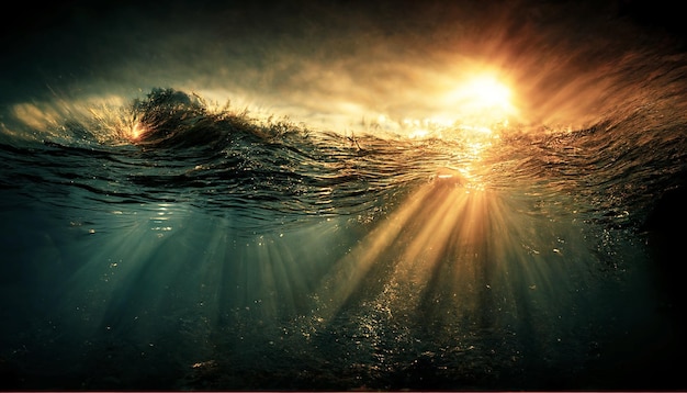 Bajo el mar océano con luz solar bajo el agua