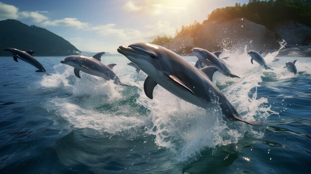 Foto en el mar entre las olas delfines en el océano foto delfín foto