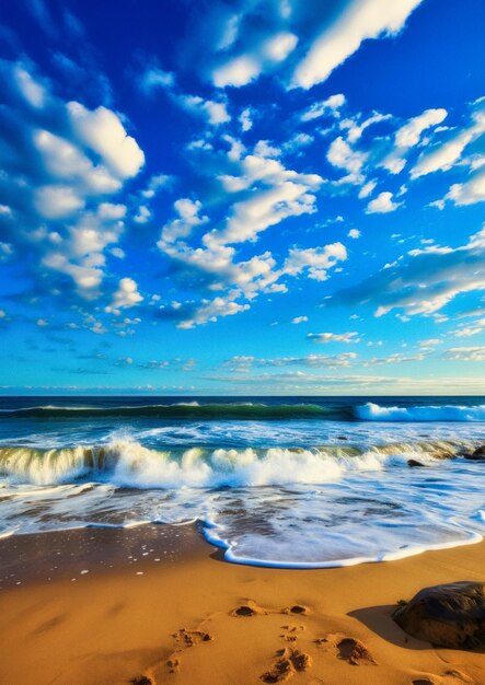 Foto mar con olas y un hermoso cielo azul con nubes como marco fotográfico