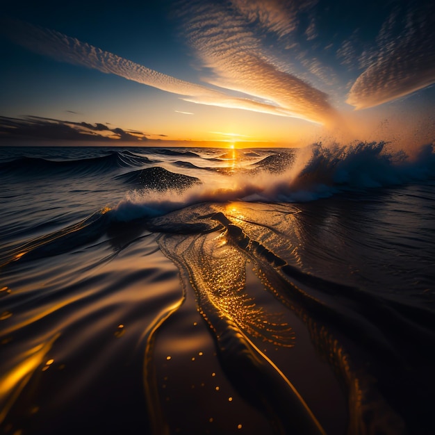 Mar de olas interminables con el reflejo brillante del sol