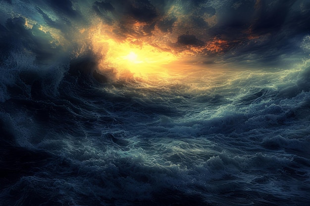 El mar oscuro está iluminado por una tormenta lejana