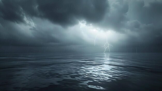 Un mar oscuro y tempestuoso está representado en la imagen las olas están cubiertas de espuma blanca y el cielo está iluminado con un rayo