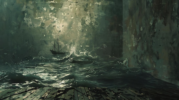 Un mar oscuro y tempestuoso está representado en esta pintura