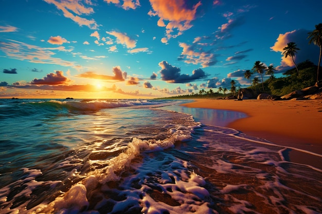 Mar ou oceano quente de verão no fundo de uma paisagem tropical