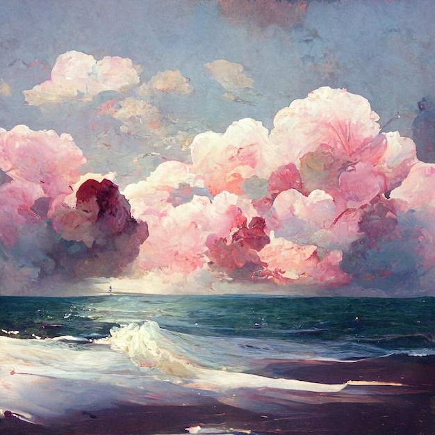 Mar, playa de arena rosa nube esponjosa hermoso fondo naturaleza pastel dibujo colores suaves, cielo azul