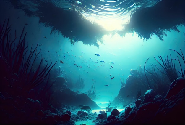 Foto mar profundo e vida aquática com fundo de luz do sol ilustração de arte digital vida marinha e conceito submarino generative ai