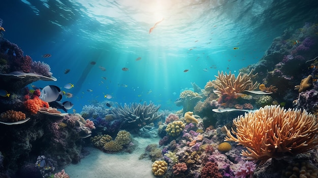 Mar profundo o océano bajo el agua con arrecifes de coral como fondo con luz solar