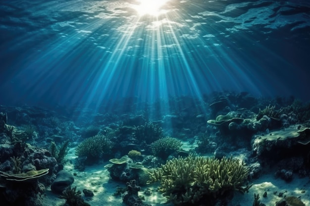 Mar submarino a la luz del sol azul IA generativa