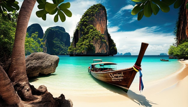 Mar tailandés playa islas tropicales mar vista longtail barco palmeras vacaciones de verano en Tailandia krabi
