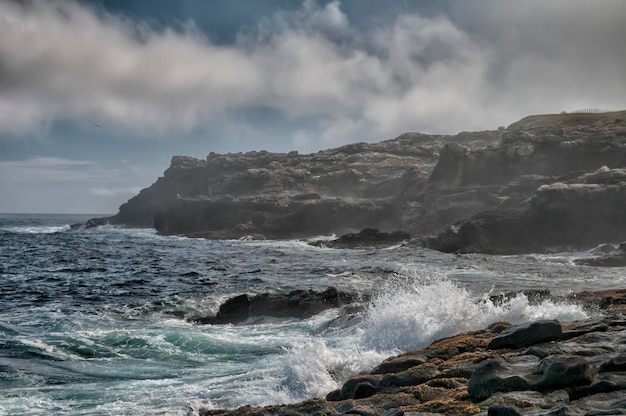 mar en tempestad sobre rocas con salpicaduras