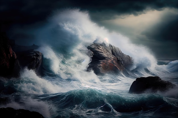 Mar tempestuoso com ondas batendo contra rochas após o furacão
