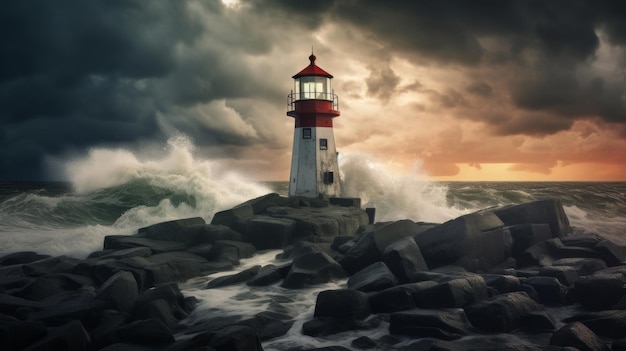 Un mar tormentoso con olas y un faro en una orilla rocosa