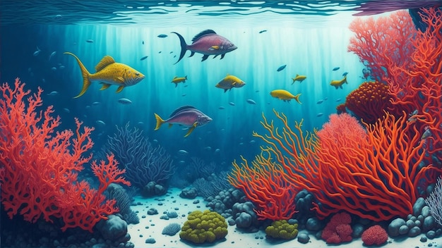 Mar tropical debaixo d'água com recifes de corel e peixes