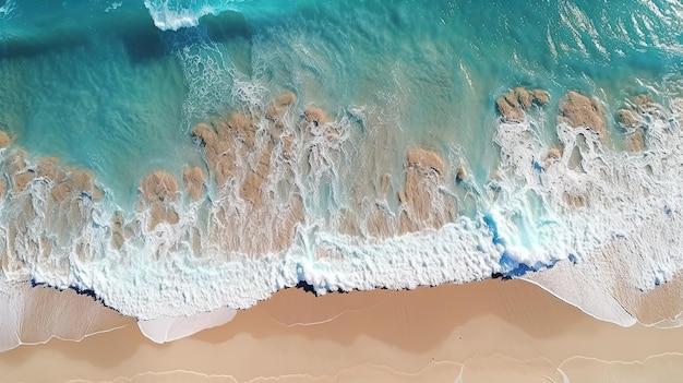 mar tropical panorâmico e praia arenosa com fundo de céu azul de cima para baixo aéreo