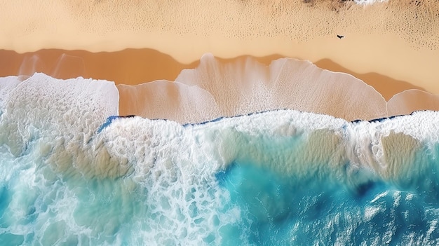 mar tropical panorâmico e praia arenosa com fundo de céu azul de cima para baixo aéreo