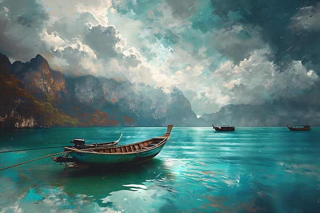 Foto mar turquesa com barcos e montanhas