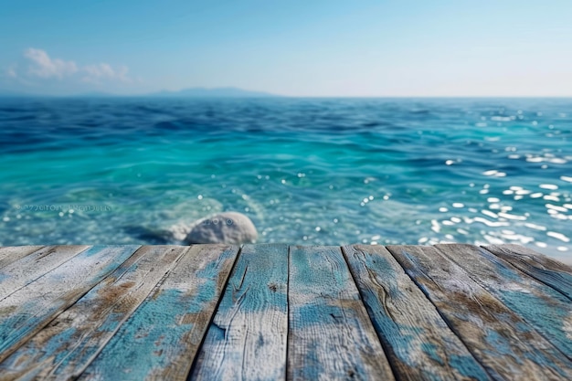 Mar turquesa cristalino da perspectiva do cais de madeira em um dia ensolarado com céu azul