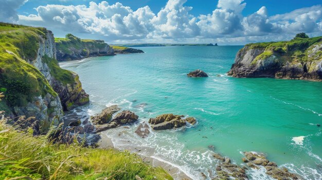 Foto mar turquesa em secluded cove na lush pembrokeshire coastline com wild beach waves e serene