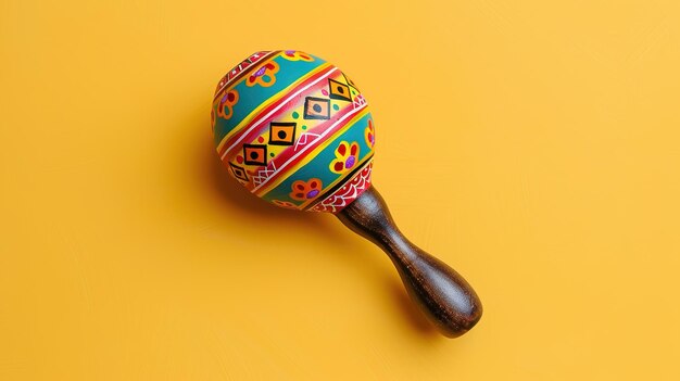 Maraca colorida sobre un fondo amarillo que sugiere una celebración musical