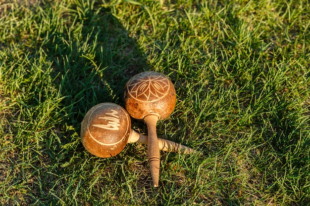 Las maracas cubanas yacen sobre la hierba verde.